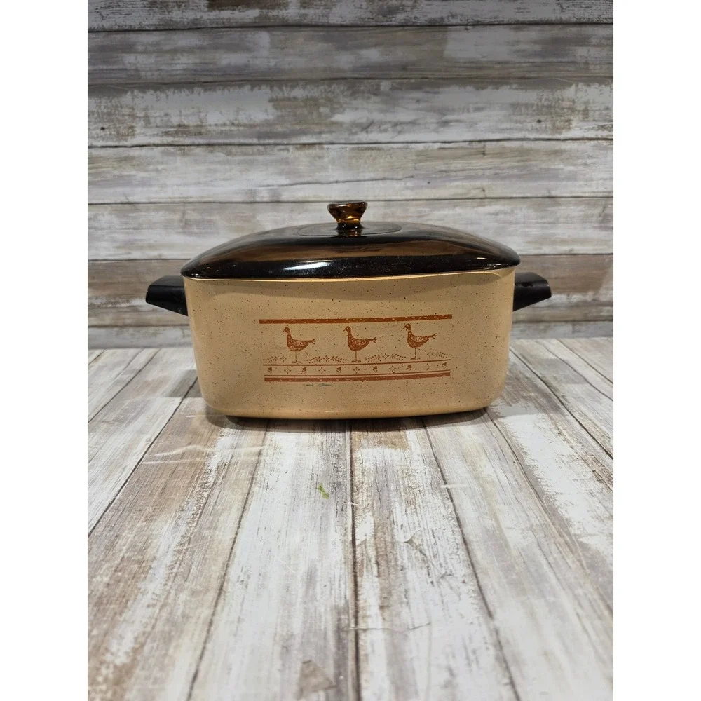 Vintage West Bend Speckled Tan Bird Motif Slow Cooker‎ Deep Pan w/ Lid NO BASE